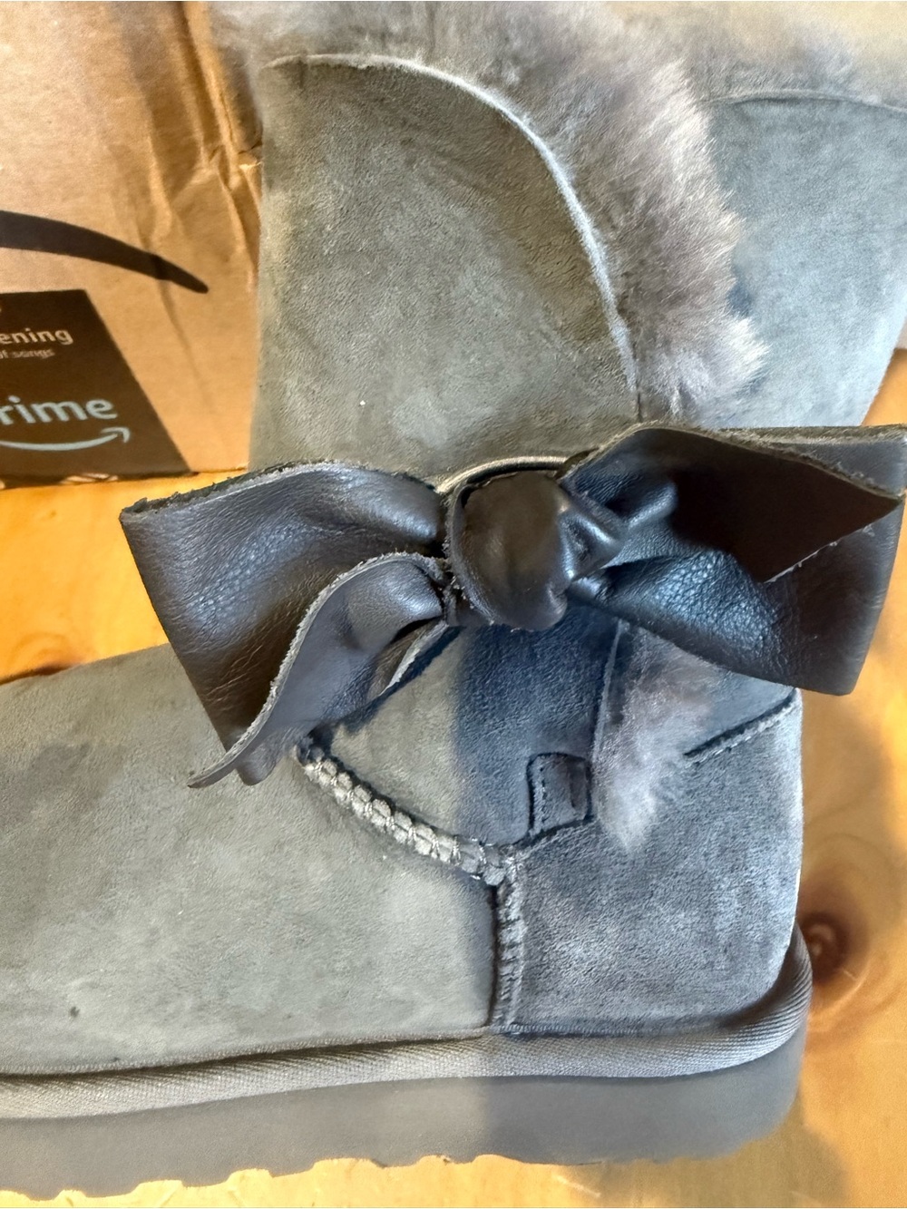UGG Gray Suede Short Shearling Boots with Bow - Picture 12 of 12